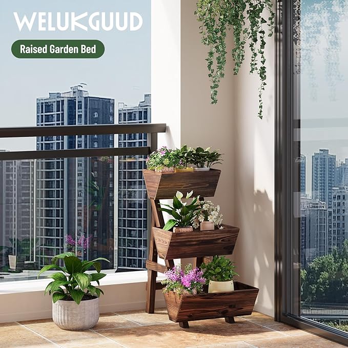 Vertical Wooden Raised Garden Bed Garden Planters Freestanding Wood Plant Stand Flower Rack Wooden Planter Box for Plants Herbs Flowers Vegetables Outdoor Indoor Gardening (3-Tier Small Carbonized)