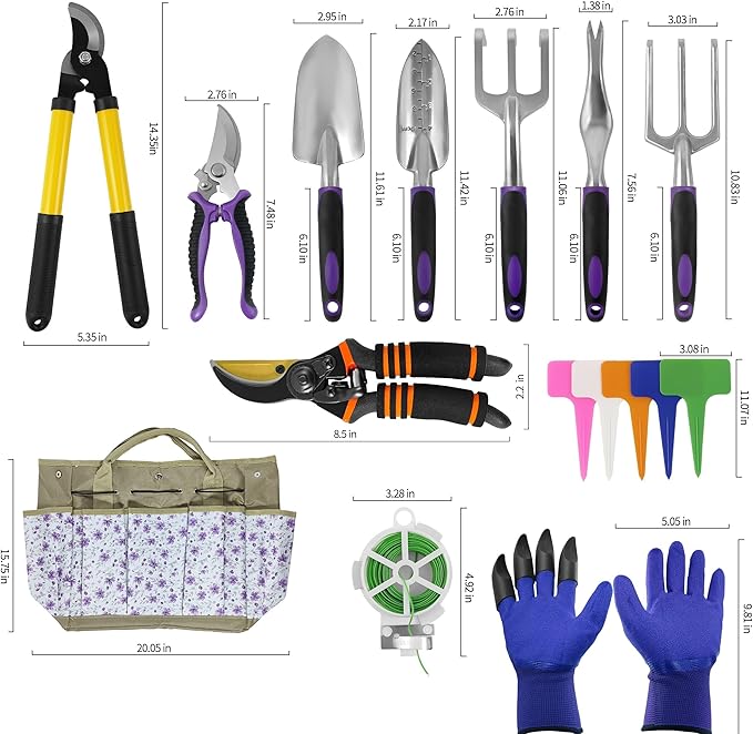 Gardening Tools – 42 Piece Premium Gardening Tool SetHeavy Duty Hand Tools with Fashion Garden Tools Organizer HandbagRust-Proof Gardening Tool Kit Ideal Gardening Gifts for Women((Purple Floral)