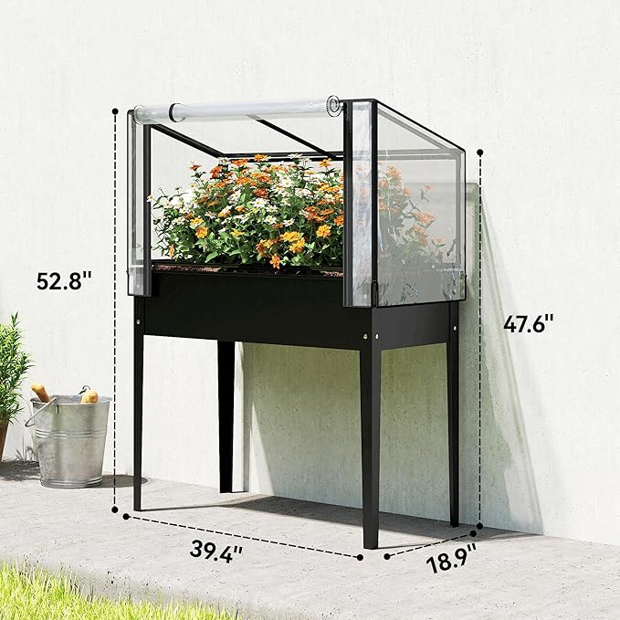Outsunny Raised Garden Bed with Flip-Up Greenhouse Cover Metal Elevated Garden Bed with Legs and Drainage Hole Outdoor Raised Planter Box for Vegetables Herbs Flowers 39.4 x 18.9 x 52.8 Black