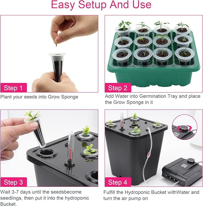 4 Hydroponic Buckets Kit for Plants Hydroponics Growing System for Herbs/Tomato/Vegetables DWC System with Air Pump &amp Germination Tray Black (Complete Indoor Hydroponic Gardening Supplies)