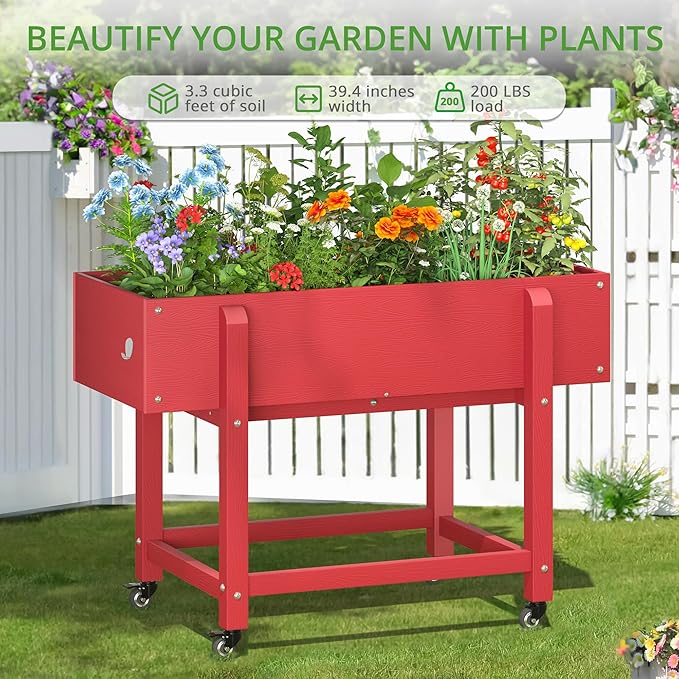 LUE BONA Raised Garden Bed with Wheels 39.4 * 16.7 * 28 in Poly Elevated Outdoor Planter Box with Tools Weather Resistant Standing Growing Bed Herb Planter for Vegetable Flowers Fruits