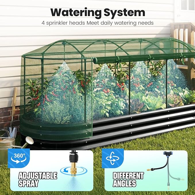 Quictent Galvanized Raised Garden Bed Kit with Self Watering System and Mesh Cover Large Oval Metal Outdoor Planter Garden Boxes for Vegetables Herbs Flowers 8x3x1Ft