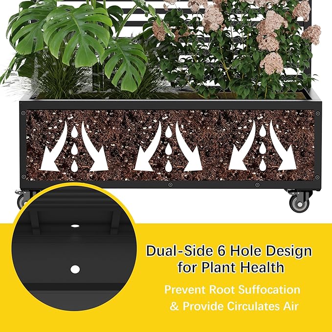 YOHKOH Metal Planter Box with Trellis 4 Wheels (2 Lockable) 13 Deep Raised Garden Bed with Trellis and Privacy Screen 47.2W x 14.7D x 70.3H Planter Box for Climbing Plants Patio Garden Black
