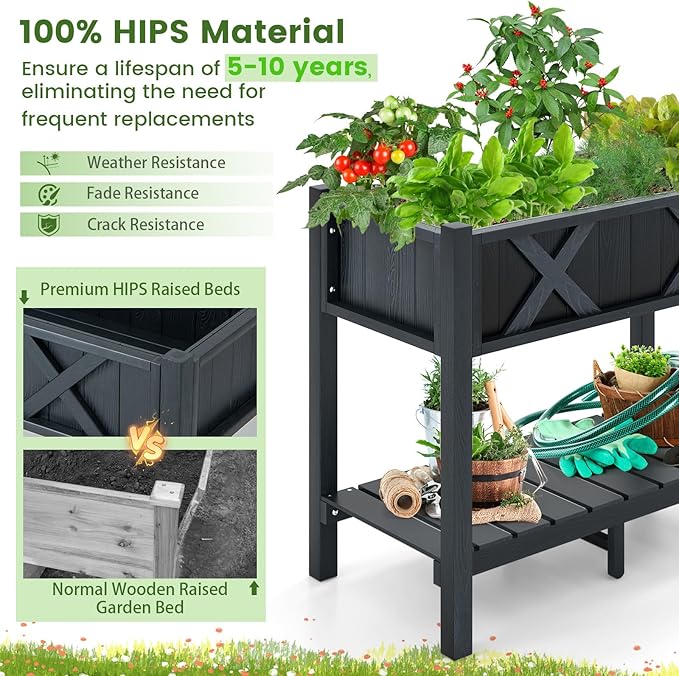 Giantex HIPS Raised Garden Bed Elevated Planter Box w/Legs Storage Shelf Drainage Holes Weather-Proof Standing Raised Beds for Backyard Balcony Flower Vegetable (Black 34 x 18 x 29)