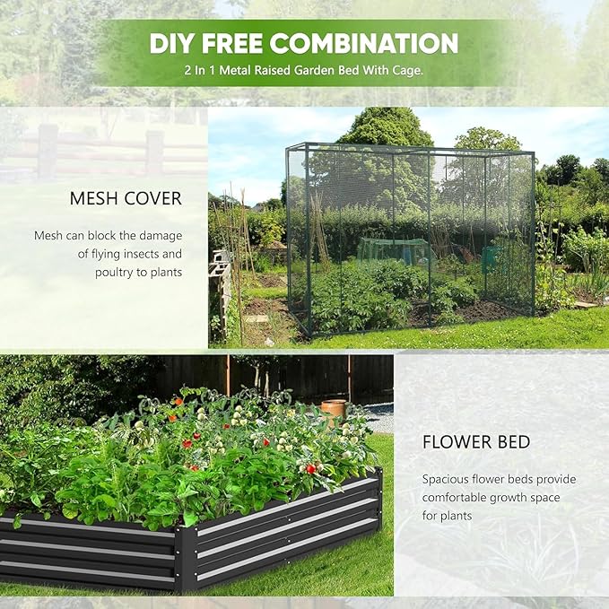 DoCred Crop Cage with Raised Garden Bed 72.8 x 37.4 x 59 Plant Protection Tent Garden Cages with Window 2 in 1 Galvanized Raised Garden Bed Kit and Mesh Cover for Garden Yard Lawn