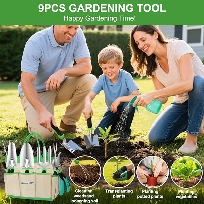Yesker Gardening Tools 9-Piece Heavy Duty Garden Tool Set Gardening Supplies Gifts for Women Men Gardening Hand Tool Kit with Non-Slip Ergonomic Handle Garden Bag Durable Gloves and Shears Green