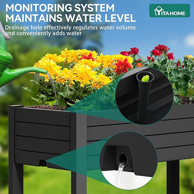 YITAHOME 43.3x17.7x34 in Elevated Garden Bed 2pcs Outdoor Plastic Planter Box with Wheels Legs Drain Plug and Storage Shelf for Plants Vegetables Flowers Herbs Black