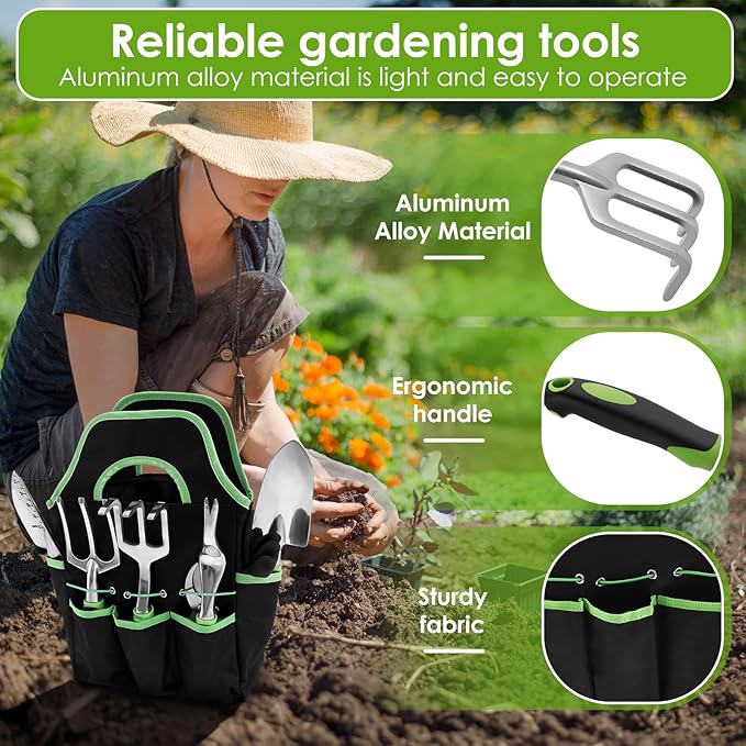 Gardening Tools Set of 8 Heavy Duty Garden Tool Set with Storage Bag Outdoor Hand Tools Gardening Tool Set with Non-Slip Rubber Grip Gardening Hand Tools for Planting Gardening Kit