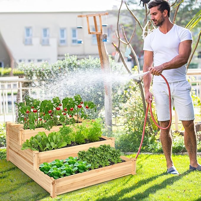COSTWAY 3-Tier Raised Garden Bed Wooden Elevated Planter Box for Vegetables Flowers Herbs Fruits Outdoor Growing Planter Box Stand for Garden Backyard Patio Balcony