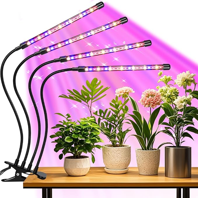 4 Head LED Plant Grow Light Full Spectrum Clip on Plant Growing Light with Red Blue Yellow Beads 10 Brightness Levels 3 Light Modes 3/9/12H Auto TimerSuitable for Indoor Plants