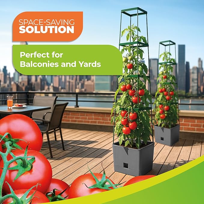 BioGreen 2 Pack Garden Tomato Planter MAXITOM with Plant Support Trellis 59 inch and Self Watering 42 Gal Planter Box for Climbing Vegetables Plants Gray