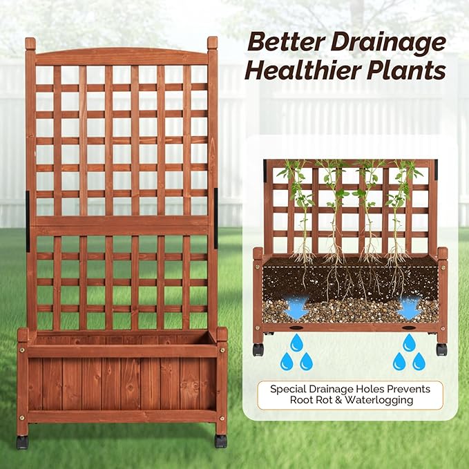 VINGLI 2PC Wooden Planter with Trellis 50 Height Elevated Garden Beds Outdoor with Wheels FreeStanding Planter Box with Drainage Holes for Flower Vegetable Fruit Herb in Garden Patio Balcony