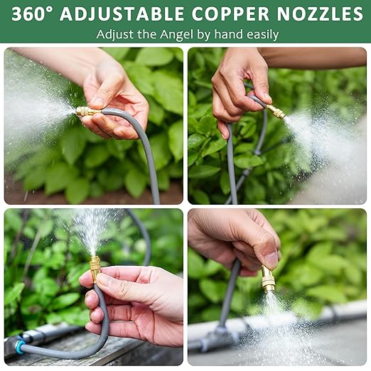Drip Irrigation System 100FT 1/4 360°Adjustable Garden Watering System with 16pcs Copper Nozzles Drip Irrigation Kit for Outdoor Plants Greenhouse Watering System