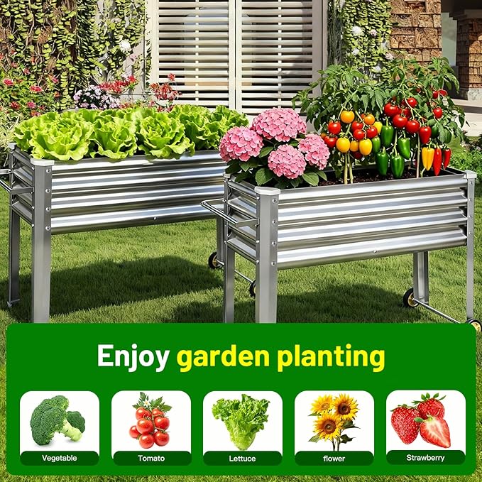 Land Guard 2 Pack Galvanized Raised Garden Bed with Legs &amp Wheels 36×12×32in Metal Elevated Raised Planter Box for Backyard Patio Balcony 300lb Capacity Silver