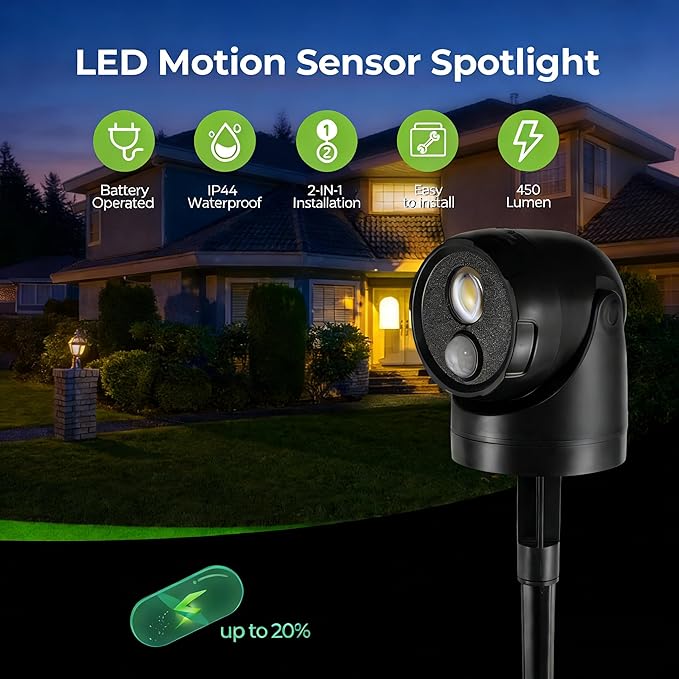 Large 2-in-1 LED Motion Sensor Outdoor Spotlight IP44 Waterproof 450 Lumen Battery Operated Landscape Light Adjustable Wall Light for Yard Garden House 2 Pack (Black)