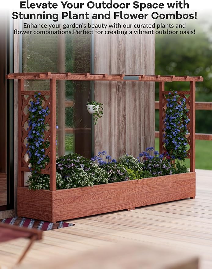 45 Wooden Raised Garden Bed with Trellis - Elevated Planter Box with Hanging Roof 2 Side Trellises &amp 4 Drainage Holes - Freestanding for Climbing Plants Vines Vegetables -Patio Balcony Backy