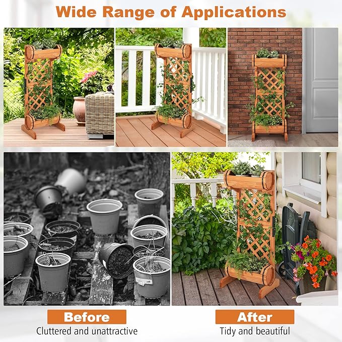 S AFSTAR Raised Garden Bed with Trellis Outdoor Wood Garden Planter W/ 2-Tier Round Planter Box &amp Trellis for Vine Climbing Plants Growing Vertical Plant Container for Garden Patio Balcony Oran