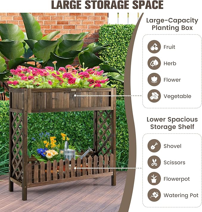 HAPPYGRILL Wooden Raised Garden Bed 2-Tier Elevated Planter Box Stand with Legs Storage Shelf 35.5” Height Carbonized Fir Wood Garden Bed for Vegetable Fruit Herb Flower