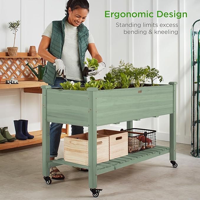 Best Choice Products Raised Garden Bed 48x24x32-inch Mobile Elevated Wood Planter w/Lockable Wheels Storage Shelf Protective Liner - Sage