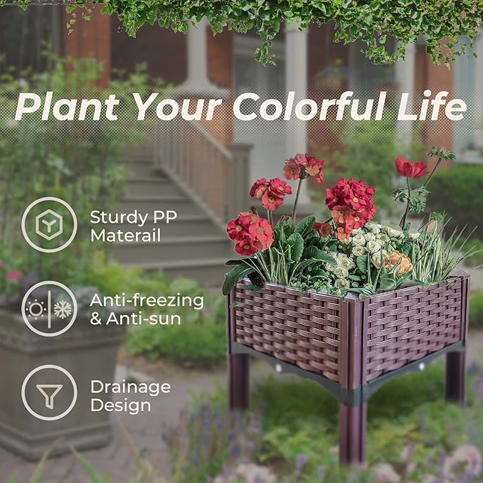 Doppy Plastic Raised Garden BedPlanter Boxes Raised Garden Bed with Legs Planters for Outdoor Indoor Plants Elevated Garden Boxes Plant pots for Flowers Vegetables Fruits Herbs