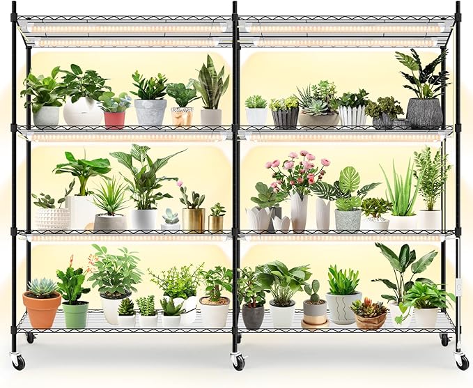Bstrip Plant Shelf with Grow Light 4-Tier Large Grow Light Shelf with Wheels Stainless Steel 12-Pack 288W T8 Full Spectrum Grow Lights for Seed Starting(57.4 L x 13.8 W x 59 H)