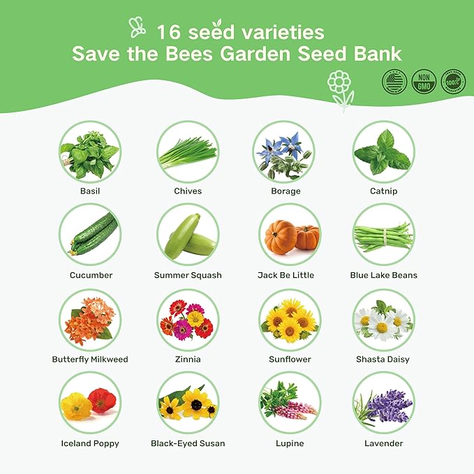 Lush&ampDew Save Bees Garden Seed Bank Gardening Gift for Women Men16 Varieties Non-GMO Heirloom Pollinator-Friendly Flower Herb Seeds Kit Planting in Raised Beds Outdoors Milkweed Poppy Lupine