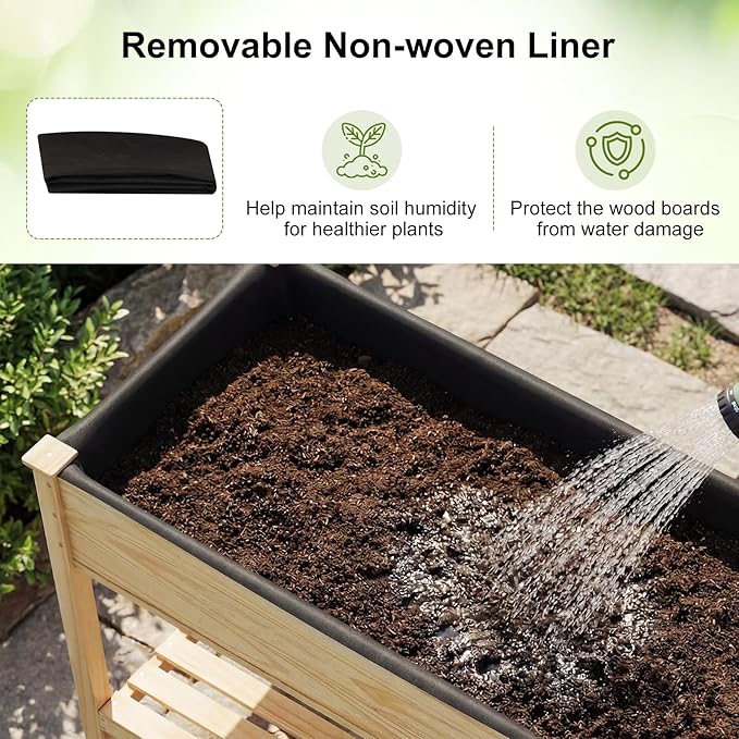 COSTWAY Pine Wood Raised Garden Bed 47 x 23 x 33 Elevated Planter Box with Storage Shelf Lockable Wheels Liner Drainage for Vegetables Flowers Herbs Yard Balcony