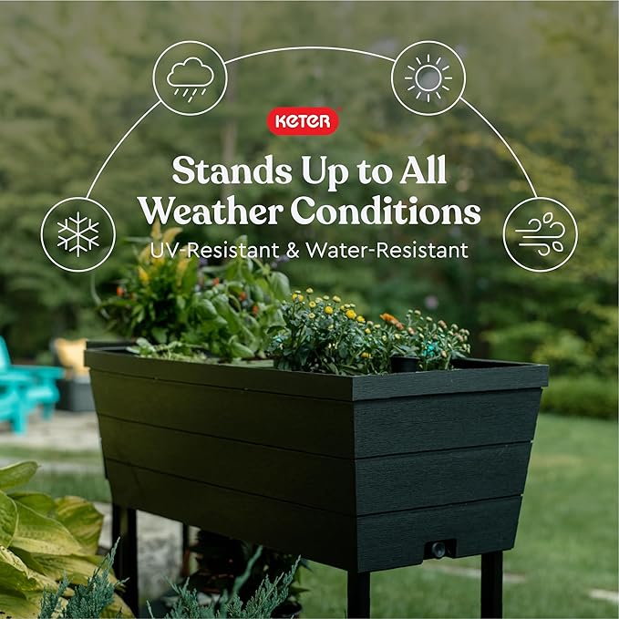 Keter Urban Bloomer 12.7‑Gallon Raised Garden Bed – Elevated Outdoor Planter Box with Self‑Watering Reservoir Water Gauge &amp Drainage System Perfect for Herbs &amp Vegetables Dark Grey