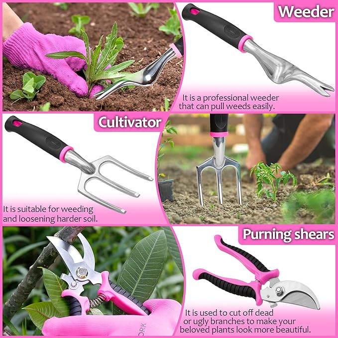 THINKWORK Pink Garden Tools Gardening Gifts for Women with 2 in 1 Detachable Storage Bag Trowel Transplanter Rake Weeder Cultivator Purning Shears and 3 Additional Protection Tools