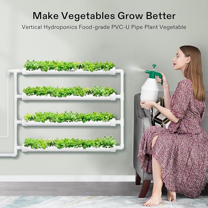 VIVOSUN Wall-Mounted Hydroponic Grow Kit 1 Layers 36 Plant Sites 4 Food-Grade PVC-U Pipes Hydroponics Planting System with Water Pump Pump Timer Nest Basket and Sponge for Leafy Vegetables