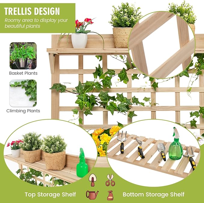 S AFSTAR Raised Garden Bed with Trellis 41.5x16x54in Mobile Elevated Planter Box with Wheels Bed Liner Top/Bottom Storage Shelves Freestanding Wood Planter Stand for Garden Patio Balcony