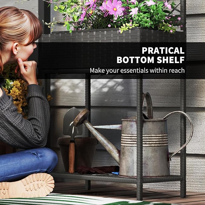 Freestanding Rattan GBoxOutdoor Wicker Planter with for Climbing Plantswith Storage Shelf