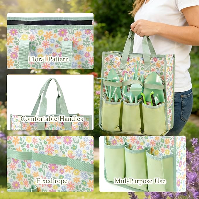 Gardening Tools 9-Piece Heavy Duty Gardening Hand Tools Set (Green) Stainless Steels and Reinforced Garden Supplies Kit Durable Garden Tools Organizer Handbag Ideal Garden Gifts for Women