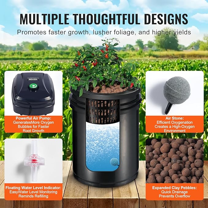 VEVOR RDWC Hydroponics Grow System Hydroponic Growing Kit with Top Drip Recirculating Deep Water Culture 4 Buckles and 1 Reservoir with Air Pump and Water Level Device for Leafy Vegetables