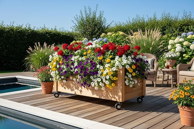 Tall Cedar Planter Box with Locking Wheels – Mobile Raised Garden Bed for Patio Balcony &amp Business Entrances – Wooden Planter with Brakes for Flowers Herb &amp Vegetable Plants (24)