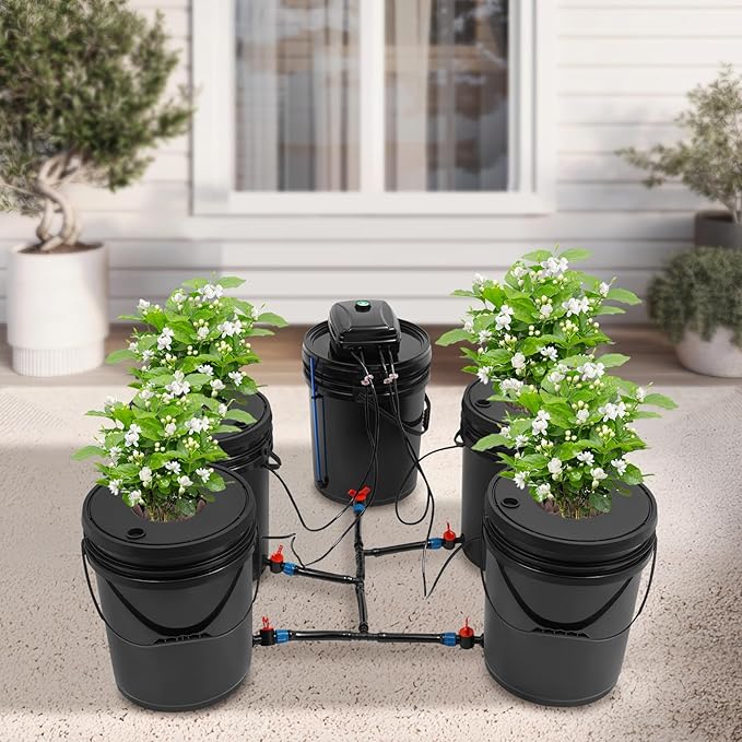Hydroponics Growing System Kit Deep Water Culture with 4 Planting Buckets 5.28Gal Capacity 12W Air Pump for Indoor Outdoor Vegetable Plant Gardening