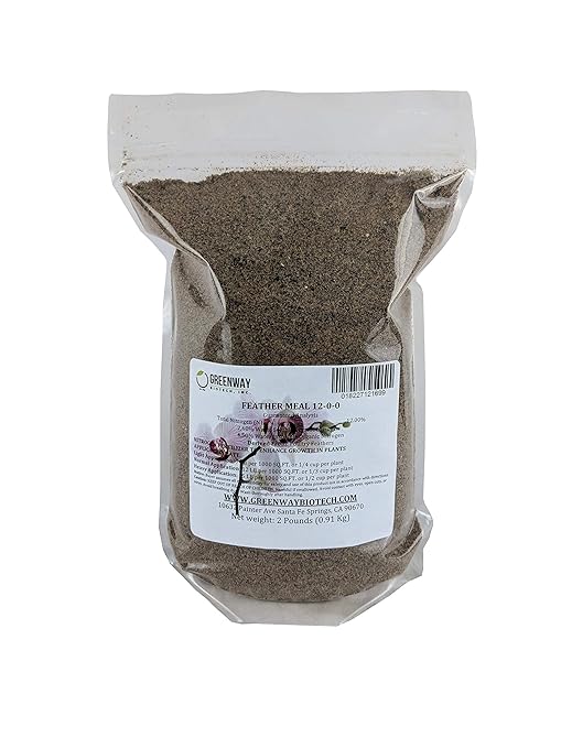 Greenway Biotech Inc. Organic Feather Meal Fertilizer 12-0-0 Includes 12% Nitrogen Fertilizer for Compost- Free from Heavy Metals &amp Ideal for Flowers Fruits Vegetables and Plants (2 Pounds)