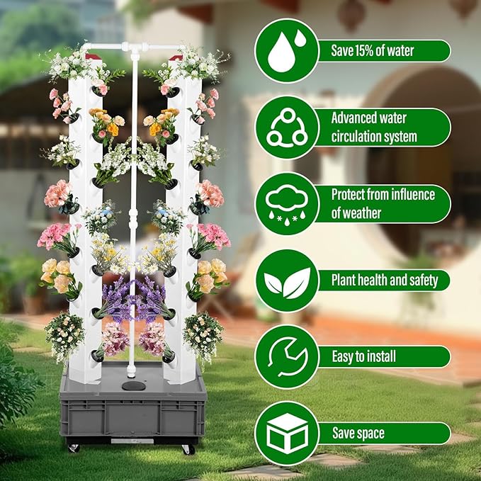 56 Slots Hydroponics TowerVertical Vegetable Planter Tower Hydroponic Germination Tower with 4 Wheels30L/7.93Gal Indoor Outdoor Garden Hydroponics Growing Tower System