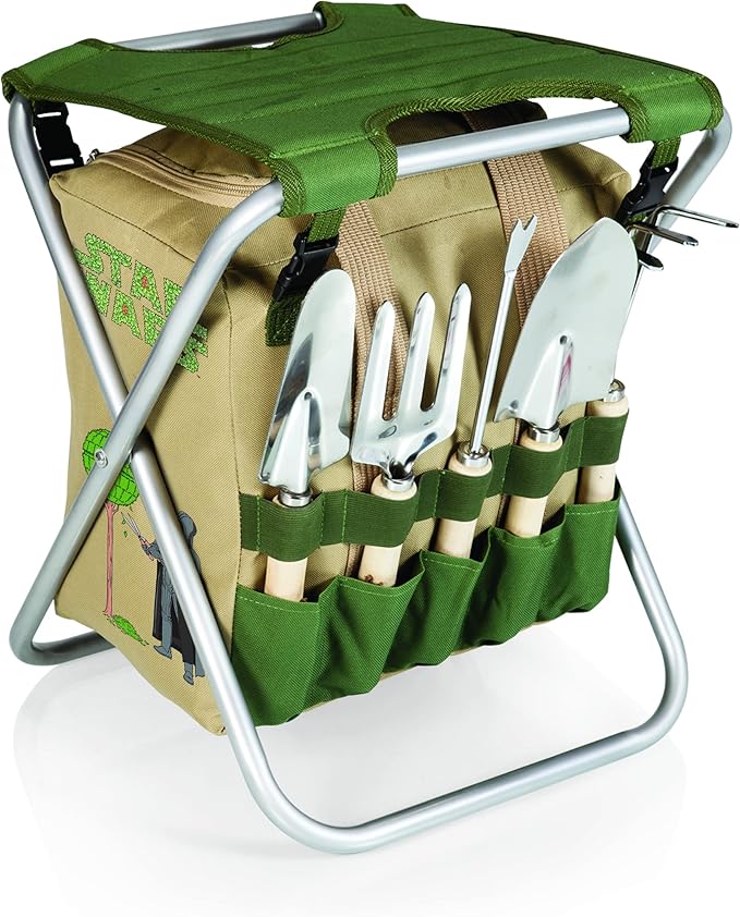 Picnic TIME Star Wars Darth Vader Gardener Folding Seat with Tools Folding Garden Stool with Detachable Tote and Hand Tool Set Organizer Portable Gardening Chair (Olive Green with Beige Accents)