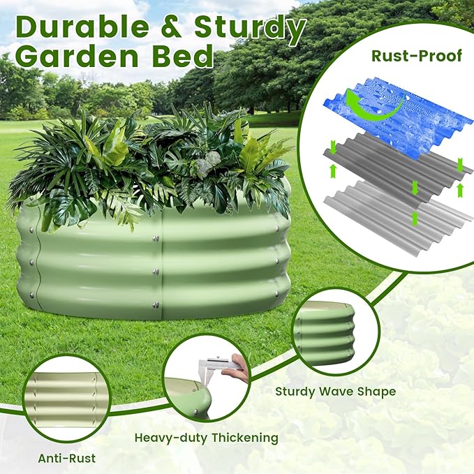 3 Pcs 2x2x1ft Round Galvanized Raised Garden Bed Kit with Tomato Cages Metal Planter Box Outdoor Raised Garden Beds for Gardening Vegetables Flowers Green