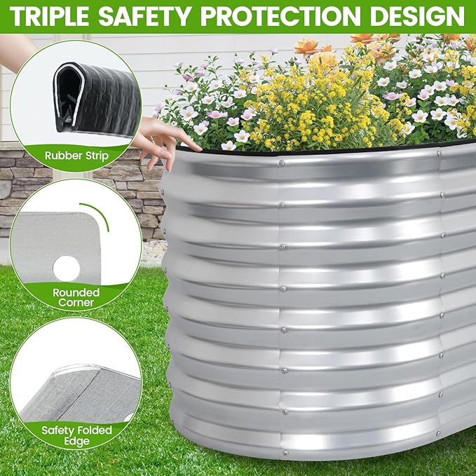 Galvanized Raised Garden Bed Outdoor 24'' Deep | Oval Metal Garden Beds with Easy Assembly &amp Planter Box for Planting Deep Root Vegetables Fruits Flowers 4x2x2ft Silver