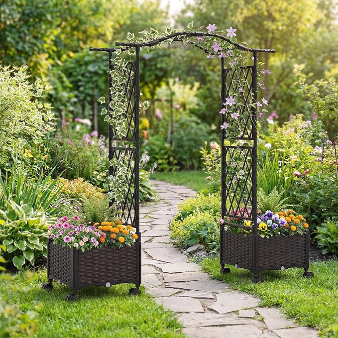 BECOMFORT Planter Box with Arch Trellis 58”H Self-Watering Tomato Planter w/Wheels Hanging Roof &amp Drainage Holes Outdoor Indoor Raised Garden Bed for Climbing Vines Perfect for Lawn &amp Back