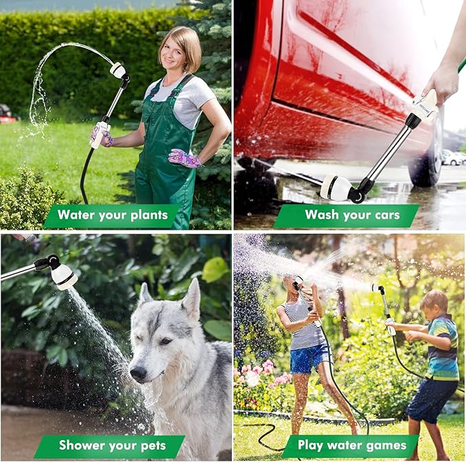 RESTMO Metal Watering Wand Heavy Duty Garden Hose Wand with 180° Swivel Ratcheting Head 16'' Hose Nozzle Sprayer with 7 Spray Patterns and Flow Control for Water Hanging Baskets and Shrubs White