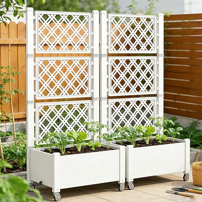 Miory 60 Raised Garden Bed with Trellis &amp Wheels Vertical Gardening Planter Box with Water Level Indicator and Drainage System for Garden Outdoor Patio Balcony