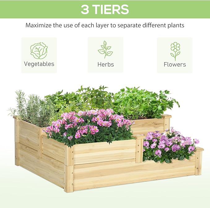 3 Tier Raised Garden Bed Outdoor Planter Box Wooden GBox with Open Bottom for Growing Vegetables Herbs Flowers 42.5 x 34.75 x 14.25 Natural