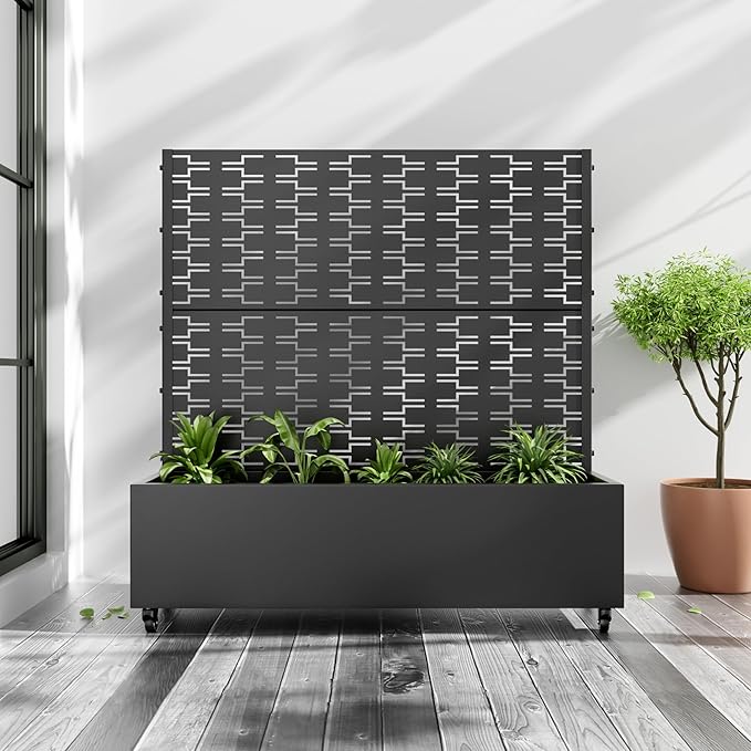 Casaphoria 47x47 Metal Raised Garden Bed with Trellis(2 Pack) Outdoor Planter Box with Wheels &amp Drainage Holes for Climbing Plants Flowers Elevated Garden Kit with Privacy Screen Black-Brick