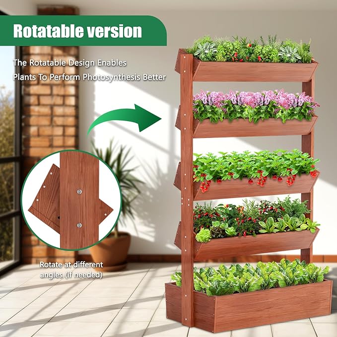 SUNYRISY 5 Tiers Vertical Wooden Raised Garden Bed Outdoor Freestanding Garden Planter Box Stand for Planting Herbs Flowers Vegetables Outdoor Gardening