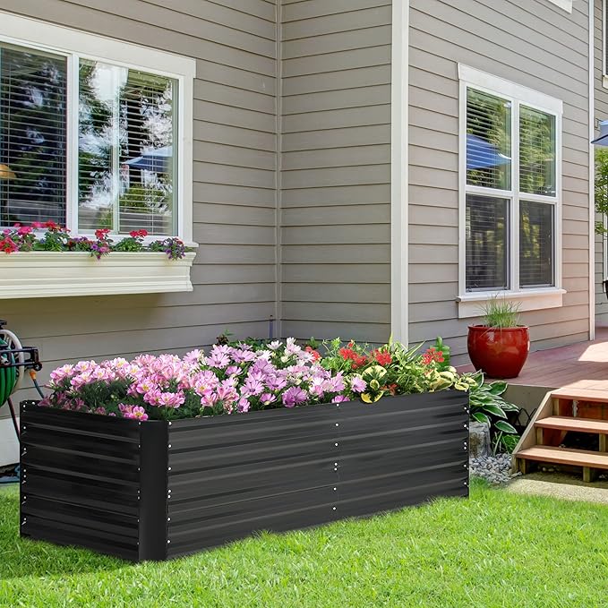 Galvanized Raised Garden Bed Kit with Reinforcing Bars Large and Tall Metal Planter Box for Vegetables Flowers and Herbs 6' x 3' x 2' Black