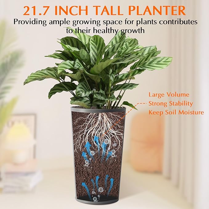 2 Pack Tall 21.7 in for Outdoor Plants Tall Square Planter Box Indoor Outdoor Porch Patio Flower Pot Big Tapered Matte Tree Flower Pot for Garden (Grey)
