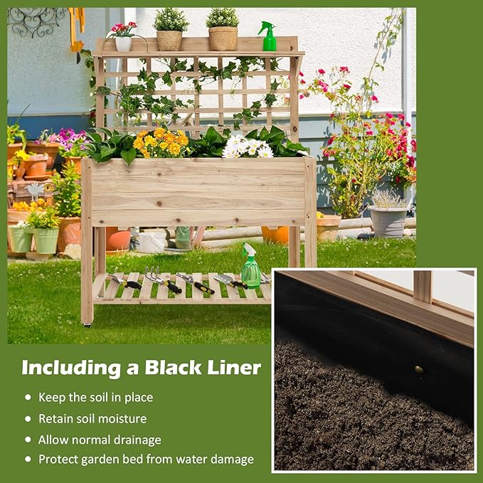 Giantex Rolling Raised Garden Bed with Trellis Wood Planter Box on Wheels Black Liner Storage Shelf Garden Trellis for Vine Climbing Flower Vegetable Herb or Hanging Tools 41.5x16x 54